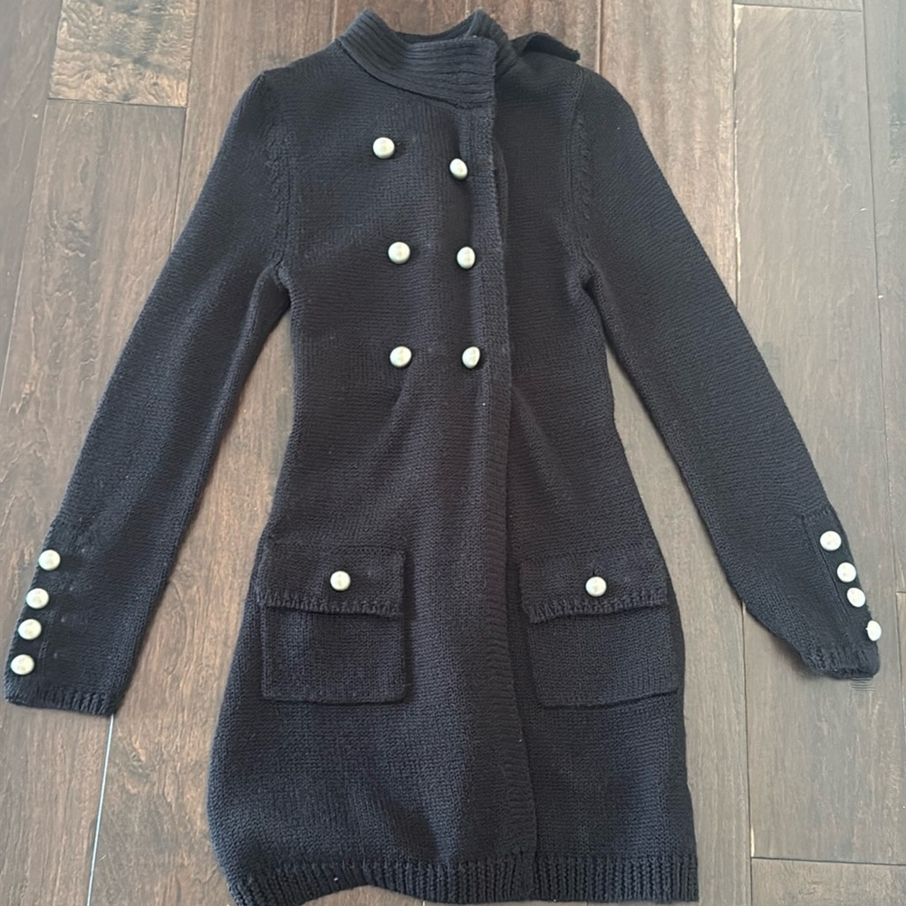 Vintage Y2K Bebe Military Pea Coat Long Black Sweater Coat with silver Buttons